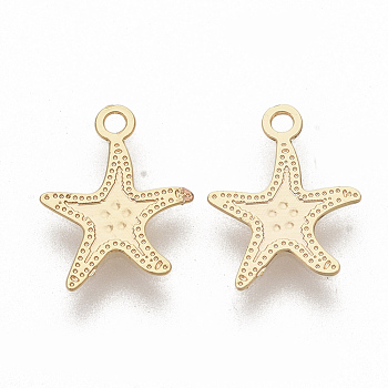 Brass Charms, Nickel Free, Starfish/Sea Stars, Real 18K Gold Plated, 11x9x0.6mm, Hole: 1.2mm