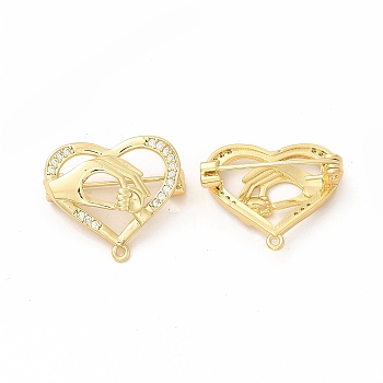 Cubic Zirconia Heart with Hand Brooch Pin, Brass Badge for Mother's Day, Real 18K Gold Plated, 23x19.5x3.5~7.5mm, Hole: 1.2mm