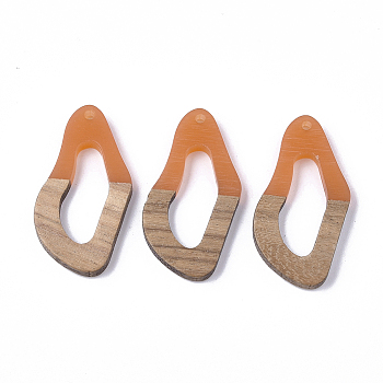 Resin & Walnut Wood Pendants, Twisted Oval, Orange, 38x19.5x4mm, Hole: 2mm