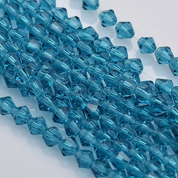Faceted Bicone Glass Beads Strands, Deep Sky Blue, 4x4mm, Hole: 1mm, about 92~96pcs/strand, 13.78~14.37 inch(X-EGLA-P017-4mm-02)