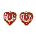 304 Stainless Steel Enamel Pendants, Heart with Horseshoe & Word Good Luck, with Rhinestone, Real 18K Gold Plated, Vacuum Plating, Red, 24.5x22.5x3.5mm, Hole: 1.6mm(STAS-C158-12G-02)
