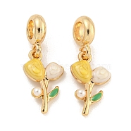 Rack Plating Alloy Enamel Flower European Dangle Charms, Large Hole Pendants with ABS Plastic Imitation Pearl Beads, Golden, Cadmium Free & Nickel Free & Lead Free, Yellow, 29mm, Hole: 4.6mm, Flower: 19x11.5x4mm(FIND-B034-45G-01)