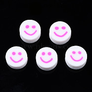 Handmade Polymer Clay Beads, for DIY Jewelry Crafts Supplies, Flat Round with Smiling Face, Hot Pink, 10x4~4.5mm, Hole: 1.8mm(X-CLAY-N008-040F)