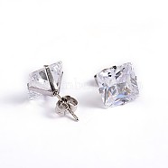 Square Cubic Zirconia Stud Earrings, with 304 Stainless Steel Pins, Clear, 9.5x9mm, Pin: 0.9mm(EJEW-H306-09P-9mm)