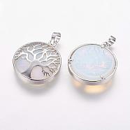 Opalite Pendants, with Brass Findings, Dyed, Platinum, Flat Round with Tree, 31x27x6.5~7mm, Hole: 5x8mm(G-E388-10P)