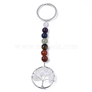 Opalite Chips Chakra Keychain, with Platinum Plated Stainless Steel Split Key Rings and Mixed Stone Round Beads, Flat Round with Tree of Life, 122mm(G-N0326-004H)