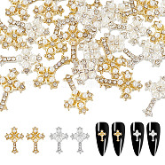 30Pcs 2 Colors Cross Alloy Rhinestone Cabochons, with Imitation Pearls, Nail Art Decoration Accessories, Religion, Mixed Color, 12x8x2.5mm, 15pcs/color(MRMJ-GO0001-05)