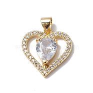 Brass Cubic Zirconia Pendants, Cadmium Free & Lead Free, Real 18K Gold Plated, Long-Lasting Plated, Heart with Teardrop Charm, Clear, 18x17x5mm, Hole: 5x3mm(KK-E003-08G)
