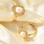 Flower Natural Pearl Adjustable Rings, Brass Micro Pave Cubic Zirconia Finger Rings for Women, Real 14K Gold Plated, Flower: 17x17.5mm, Inner Diameter: 18mm(RJEW-P113-19G)