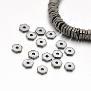 Hexagon Non-magnetic Synthetic Hematite Beads Strands, Imitation Pyrite, Antique Bronze Plated, 5x5x1mm, Hole: 1mm, about 375pcs/strand, 16.1 inch(G-D617-16A)