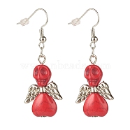 Synthetic Turquoise Skull with Wings Dangle Earrings, Halloween Brass Jewelry for Women, Red, 50mm, Pin: 0.7mm(EJEW-JE04944-01)