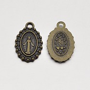 Oval Tibetan Style Alloy Charms, Virgin Mary with Cross & Heart, Cadmium Free & Nickel Free & Lead Free, Antique Bronze, 15x9x1mm, Hole: 1.5mm(X-TIBEP-D090-AB-NR)