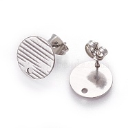 304 Stainless Steel Ear Stud Findings, with Ear Nuts/Earring Backs and Hole, Textured Flat Round with Cross Grain, Stainless Steel Color, 12mm, Hole: 1.2mm, Pin: 0.8mm(STAS-O119-17C-P)