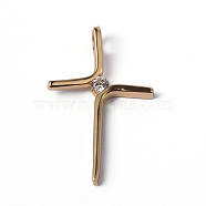 316 Surgical Stainless Steel Pendants, with Rhinestones, Cross, Golden, 34x21x3mm, Hole: 4x3mm(STAS-L184-039)