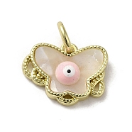 Evil Eye Enamel Shell Brass Butterfly Charms with Jump Rings, Real 18K Gold Plated, Pink, 11.5x15x3mm, Hole: 3.8mm(KK-E092-27G-01)