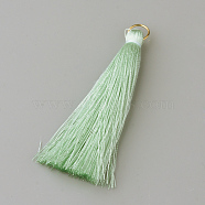Nylon Thread Tassel Pendants Decoration, with Brass Findings, Golden, Pale Green, 35x7mm, Hole: 7mm(FIND-Q065-3.5cm-A32)
