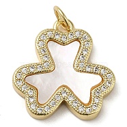 Brass Micro Pave Cubic Zirconia Pendants, with Shell, Clover, Real 18K Gold Plated, 18.5x18x2.5mm, Hole: 3.4mm(KK-Q808-16G)