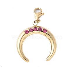 304 Stainless Steel Rhinestone Double Horn/Crescent Moon Pendant Decoration, with Lobster Claw Clasps, PVD Vacuum Plating, Real 18K Gold Plated, 33mm, Pendant: 23x22x4.5mm(STAS-S165-42G)