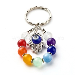 Tibetan Style Alloy Frame Keychain, with Handmade Evil Eye Lampwork Bead and Natural Mixed Stone, Iron Findings and Tiger Tail Wire, Hamsa Hand & Round & Evil Eye, Blue, 7.7cm(KEYC-JKC00265-02)
