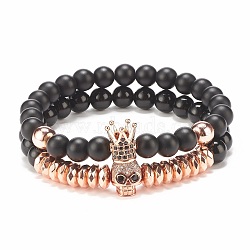 2Pcs 2 Style Synthetic Hematite & Black Stone & Natural Obsidian Stretch Bracelets Set with Cubic Zirconia Skull, Gemstone Jewelry for Women, Rose Gold, Inner Diameter: 2-3/8 inch(6cm), 1Pc/style(BJEW-JB08120-04)