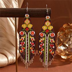 Fashionable Tassel Dangle Earrings, with Colorful Floral Pattern and Glass Beads, Platinum, 150x38mm(MK0196)