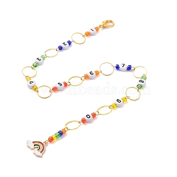Alloy Enamel Rainbow Charm Knitting Row Counter Chains, Acrylic Number & Glass Seed Beaded Knitting Row Counter Chains, Golden, 350mm(HJEW-JM00826)
