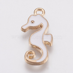 Zinc Alloy Enamel Pendants, Sea Horse, Golden, White, 21x10x1.5mm, Hole: 1.5mm(PALLOY-I124-09G-A)