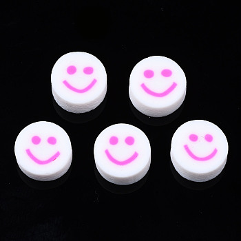 Handmade Polymer Clay Beads, for DIY Jewelry Crafts Supplies, Flat Round with Smiling Face, Hot Pink, 10x4~4.5mm, Hole: 1.8mm