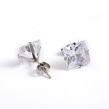 Square Cubic Zirconia Stud Earrings, with 304 Stainless Steel Pins, Clear, 9.5x9mm, Pin: 0.9mm