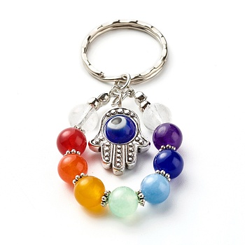 Tibetan Style Alloy Frame Keychain, with Handmade Evil Eye Lampwork Bead and Natural Mixed Stone, Iron Findings and Tiger Tail Wire, Hamsa Hand & Round & Evil Eye, Blue, 7.7cm
