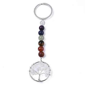 Opalite Chips Chakra Keychain, with Platinum Plated Stainless Steel Split Key Rings and Mixed Stone Round Beads, Flat Round with Tree of Life, 122mm