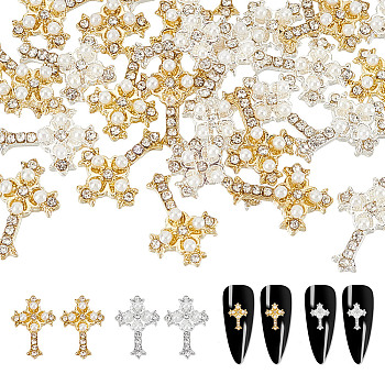 30Pcs 2 Colors Cross Alloy Rhinestone Cabochons, with Imitation Pearls, Nail Art Decoration Accessories, Religion, Mixed Color, 12x8x2.5mm, 15pcs/color