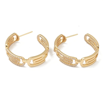 Brass Micro Pave Clear Cubic Zirconia Half Hoop Earrings, Ring with Safety Pin Shape, Golden, 29x28x8mm, Pin: 1mm