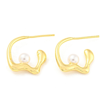 Rack Plating Brass Stud Earrings with Plastic Pearl, Half Hoop Earrings, Long-Lasting Plated, Lead Free & Cadmium Free, Real 18K Gold Plated, 16.5x5mm