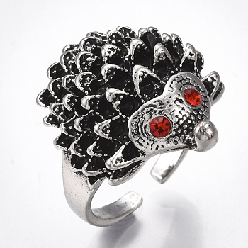 Alloy Cuff Finger Rings, with Rhinestone, Wide Band Rings, Hedgehog, Antique Silver, Size 8, 18mm
