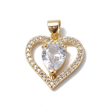 Brass Cubic Zirconia Pendants, Cadmium Free & Lead Free, Real 18K Gold Plated, Long-Lasting Plated, Heart with Teardrop Charm, Clear, 18x17x5mm, Hole: 5x3mm