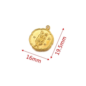 Stainless Steel Pendant, Golden, Flat Round with Constellation Charm, Gemini, 19.5x16mm
