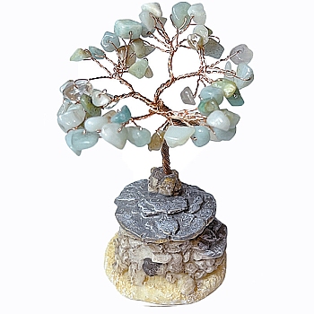 Natural Flower Amazonite Chips Tree Decorations, House Base Copper Wire Feng Shui Energy Stone Gift for Home Desktop Decoration, 80~100mm