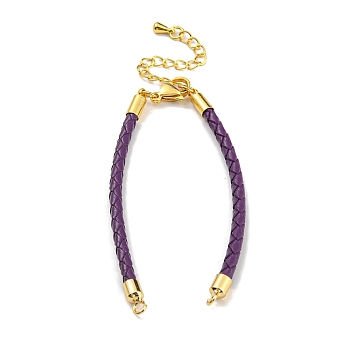 Leather Braided Cord Link Bracelets, Fit for Connector Charms, with Long-Lasting Plated Rack Plating Colden Tone Brass Lobster Claw Clasp & Chain Extender, Purple, 6x1/8 inch(15.2cm), Hole: 2mm