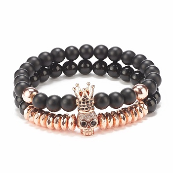 2Pcs 2 Style Synthetic Hematite & Black Stone & Natural Obsidian Stretch Bracelets Set with Cubic Zirconia Skull, Gemstone Jewelry for Women, Rose Gold, Inner Diameter: 2-3/8 inch(6cm), 1Pc/style