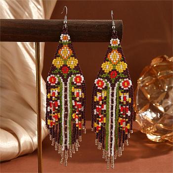 Fashionable Tassel Dangle Earrings, with Colorful Floral Pattern and Glass Beads, Platinum, 150x38mm