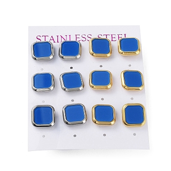 6 Pair 2 Color Square Acrylic Stud Earrings, Golden & Stainless Steel Color 304 Stainless Steel Earrings, Dodger Blue, 12x12mm, 3 Pair/color