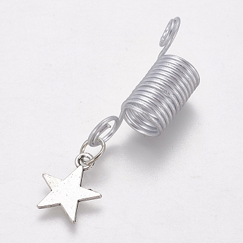 Aluminum Wire Hair Coil Cuffs, Dread Cuff Coil, with Alloy Pendants, Star, Antique Silver & Platinum, 51mm, Hole: 5.5mm