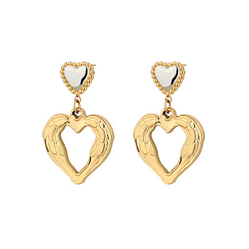 Golden Titanium Steel Ear Dangle Stud Earrings, Heart, 33.6x20.7mm