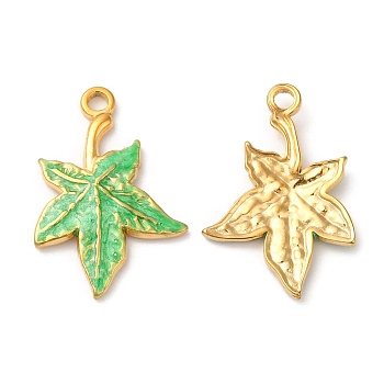 304 Stainless Steel Enamel Pendants, Real 18K Gold Plated, Maple Leaf Charm, Lime Green, 22x15x2mm, Hole: 1.6mm