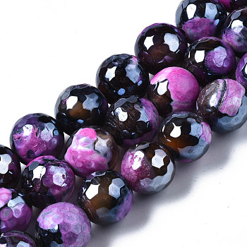 Natural Fire Crackle Agate Beads Strands, Pearl Luster Plated, Faceted, Round, Indigo, 12mm, Hole: 1.6mm, about 32~34pcs/strand, 13.94~16.06 inch(35.4~40.8cm)