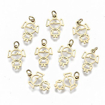 304 Stainless Steel Charms, with Jump Rings, Laser Cut, Hollow, Girl, Real 14K Gold Plated, 10.5x7.5x1mm, Jump Ring: 3x0.4mm, 2.2mm inner diameter