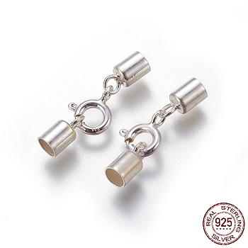 925 Sterling Silver Spring Ring Clasps, with Cord Ends, Silver, clasp: 9x7.5x3mm, cord end: 8x4mm, inner size: 3.5mm.