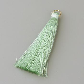 Nylon Thread Tassel Pendants Decoration, with Brass Findings, Golden, Pale Green, 35x7mm, Hole: 7mm