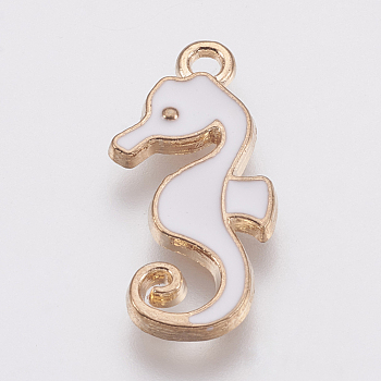 Zinc Alloy Enamel Pendants, Sea Horse, Golden, White, 21x10x1.5mm, Hole: 1.5mm